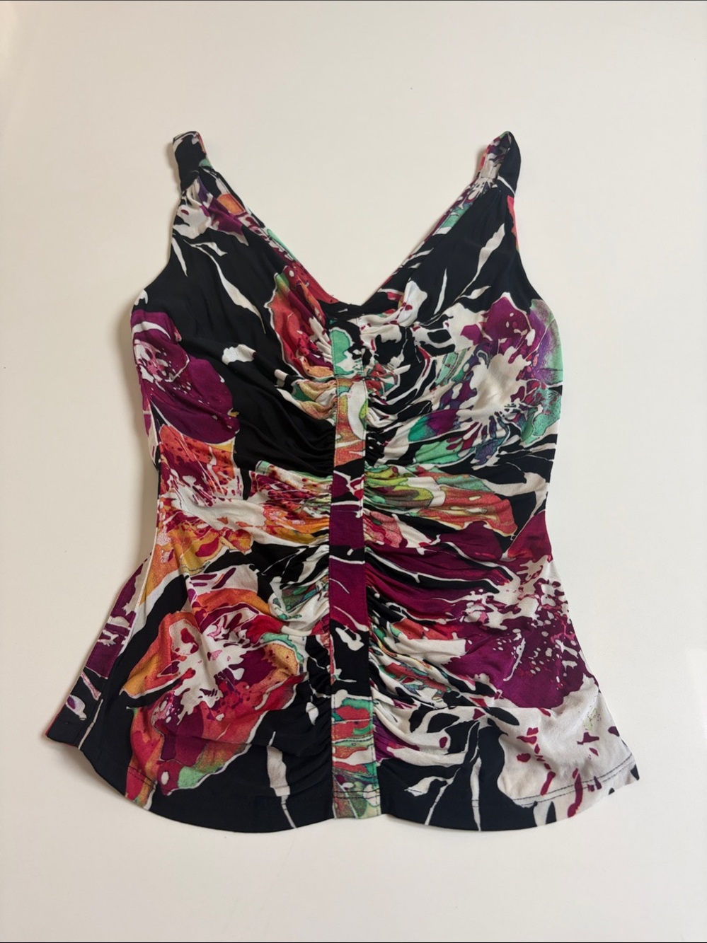 Y2K Vintage Cache Floral Ruched V-Neck Tank Top - Black, Purple, Pink, Green
